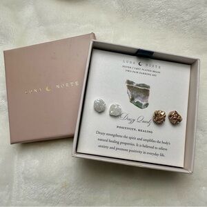 Luna Norte Druzy Quartz Stud‎ Earrings 2 Pair Set Silver/14kt Plated Brass NIB